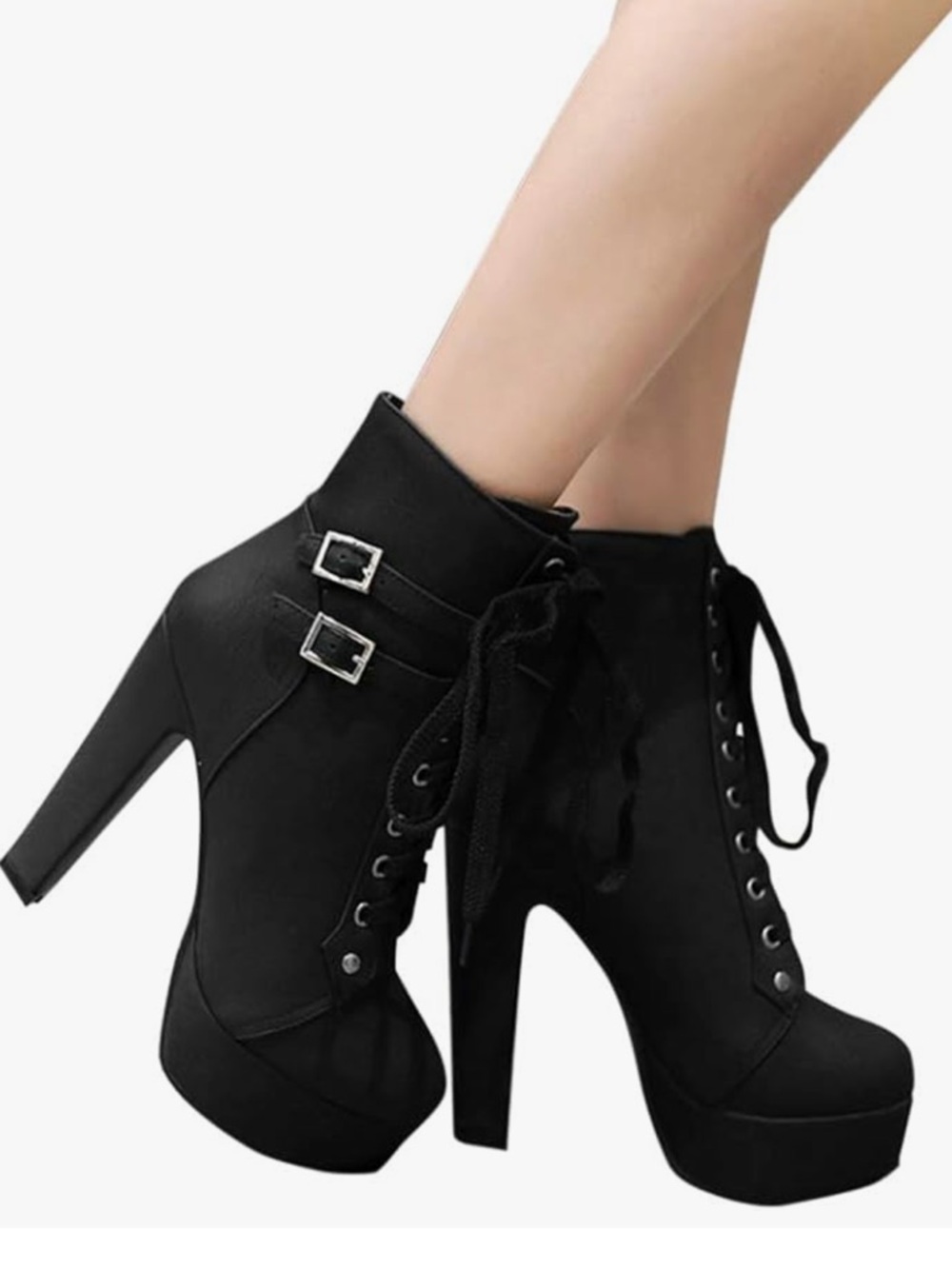 Black Lace-Up Platform Ankle Boots with Buckle Accents